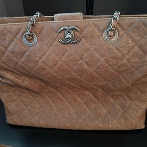 Authentic brown Chanel quilted classic shopper tote